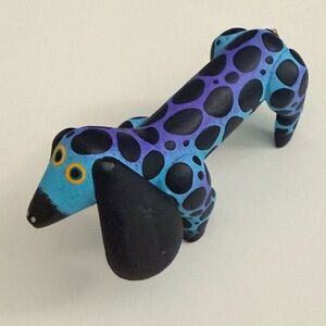 Oaxacan Wood Carved Alebrije Blue and Purple Spotted Dog Sculpture